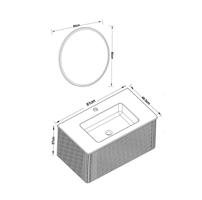Set Mobile Bagno Sospeso con Specchio LED Rotondo 80 cm, Lavabo Integrato in Pietra Sintetica, Armadietto a Parete con Cassetto, Colore Rovere, 80 cm