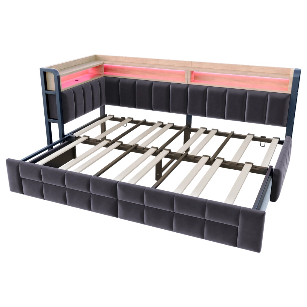 Letto estraibile 2 posti con 2 cassetti; LED regolabile; USB; Type-C e vani 90 × 200/180 × 200 cm
