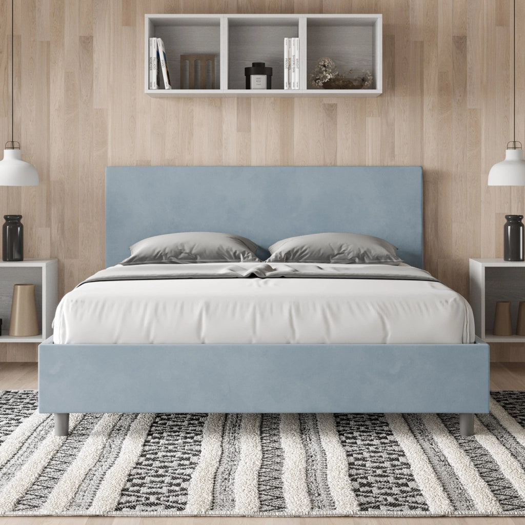 BS COM Letto matrimoniale francese contenitore imbottito 140x200 microfibra azzurro
