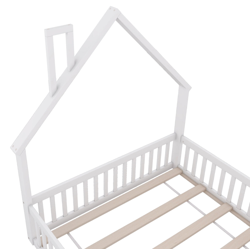 Letto per bambini 140x190 cm con camino, sponde di sicurezza e rete, bianco