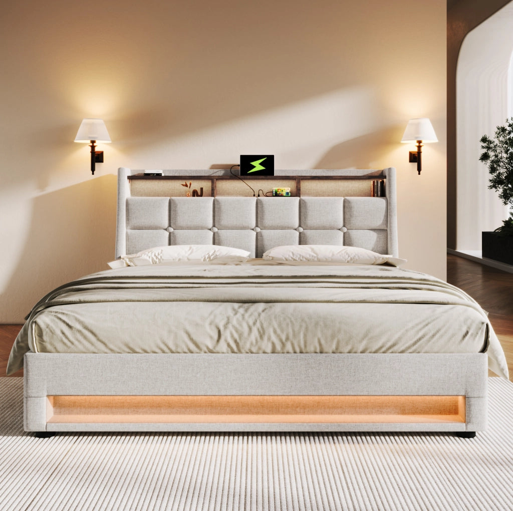 Letto imbottito 140x200cm con LED e porte USB, struttura in lino color beige chiaro senza materasso