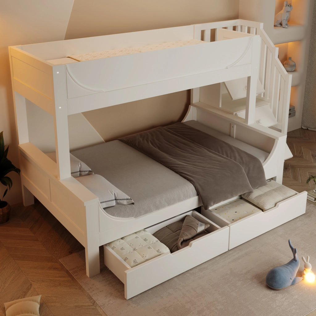 Letto a castello per bambini con armadio scala cassetti legno MDF e metallo bianco