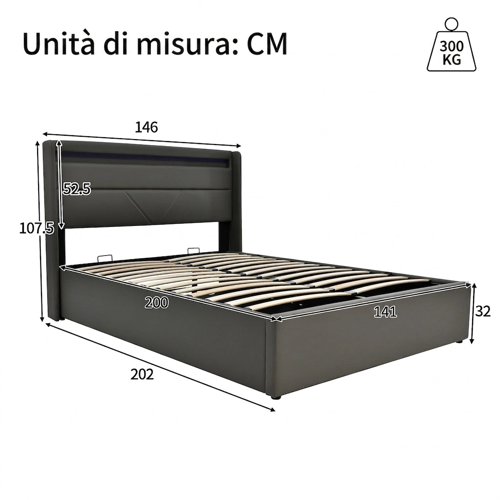 Letto Contenitore 140x200 con Illuminazione LED; Letto Matrimoniale Grigio in PU con Telecomando