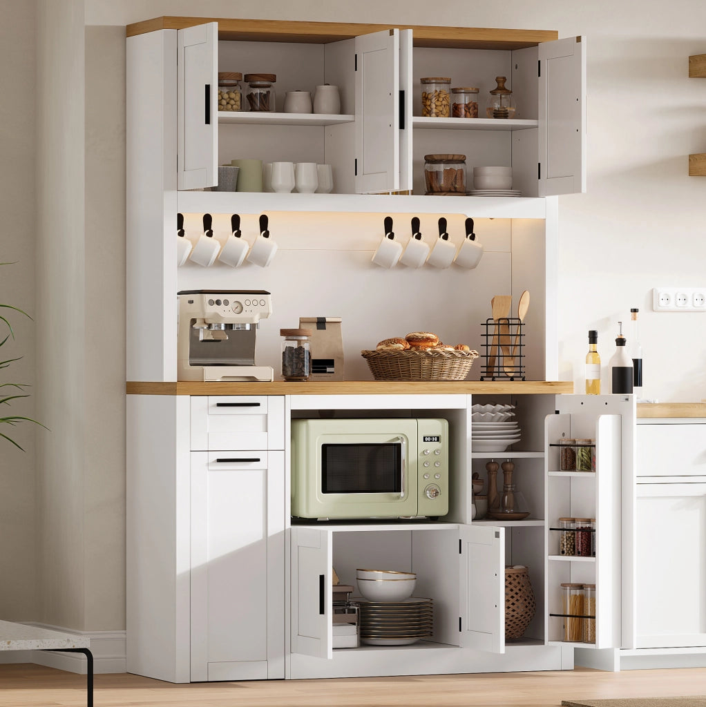 Mobile cucina 120x40x182 cm con LED RGB, prese e cassetti in MDF bianco e naturale