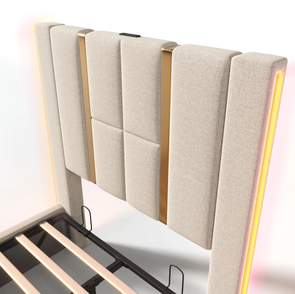 Letto 90x200 cm con contenitore, LED RGB, USB e USB-C, rivestimento in lino beige