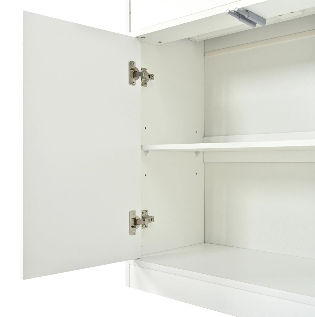 Vetrina alta 70×34×180 cm bianca con LED, 2 cassetti e ante in vetro temperato per soggiorno e cucina