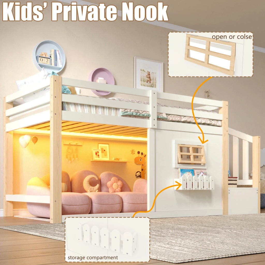Letto a soppalco 90 × 200 cm con scala contenitore e illuminazione LED in legno di pino e MDF bianco naturale