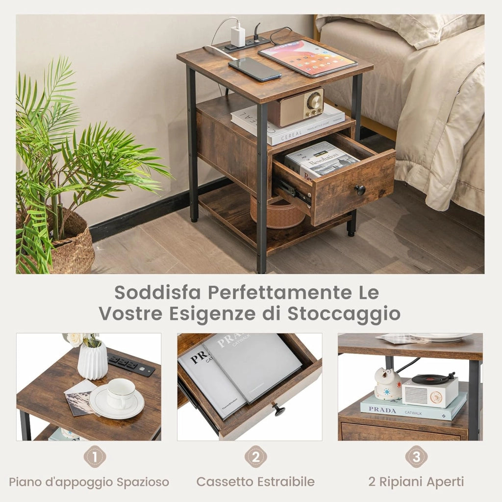 Comodino a 3 Piani con Stazione di Ricarica, Tavolino in Legno con Ripiani Aperti e Cassetto, Tavolino con Struttura in Metallo Robusto per Camera da Letto, Soggiorno e Studio, Naturale (2)