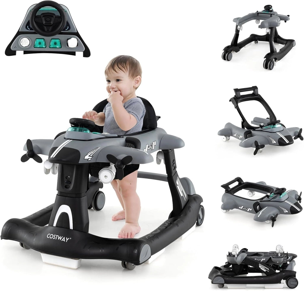 6 in 1 Girello per Bambini, Girello Pieghevole con Altezza Regolabile a 3 Livelli, Scatola Musicale Rimovibile, Vassoio per Alimenti, Portata 12 kg, per Bambini di 6-18 Mesi (Grigio)