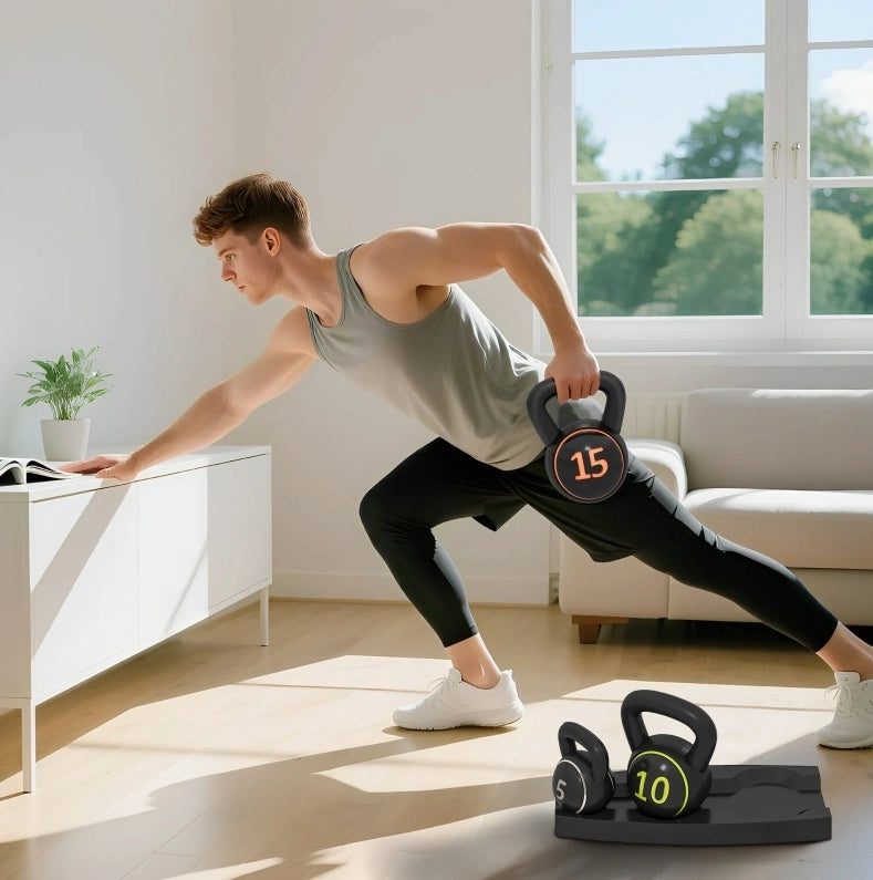 Set 3 kettlebell ULEVR da 2,2 kg, 4,5 kg e 6,8 kg con rivestimento in plastica nero e base piatta