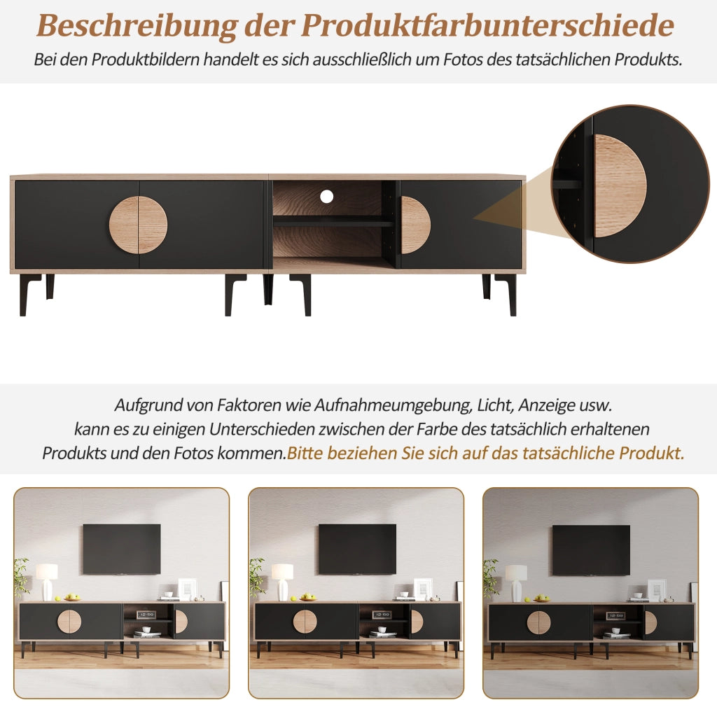 Mobile TV 180x35x49 cm con 3 ante e ripiani, rovere e nero
