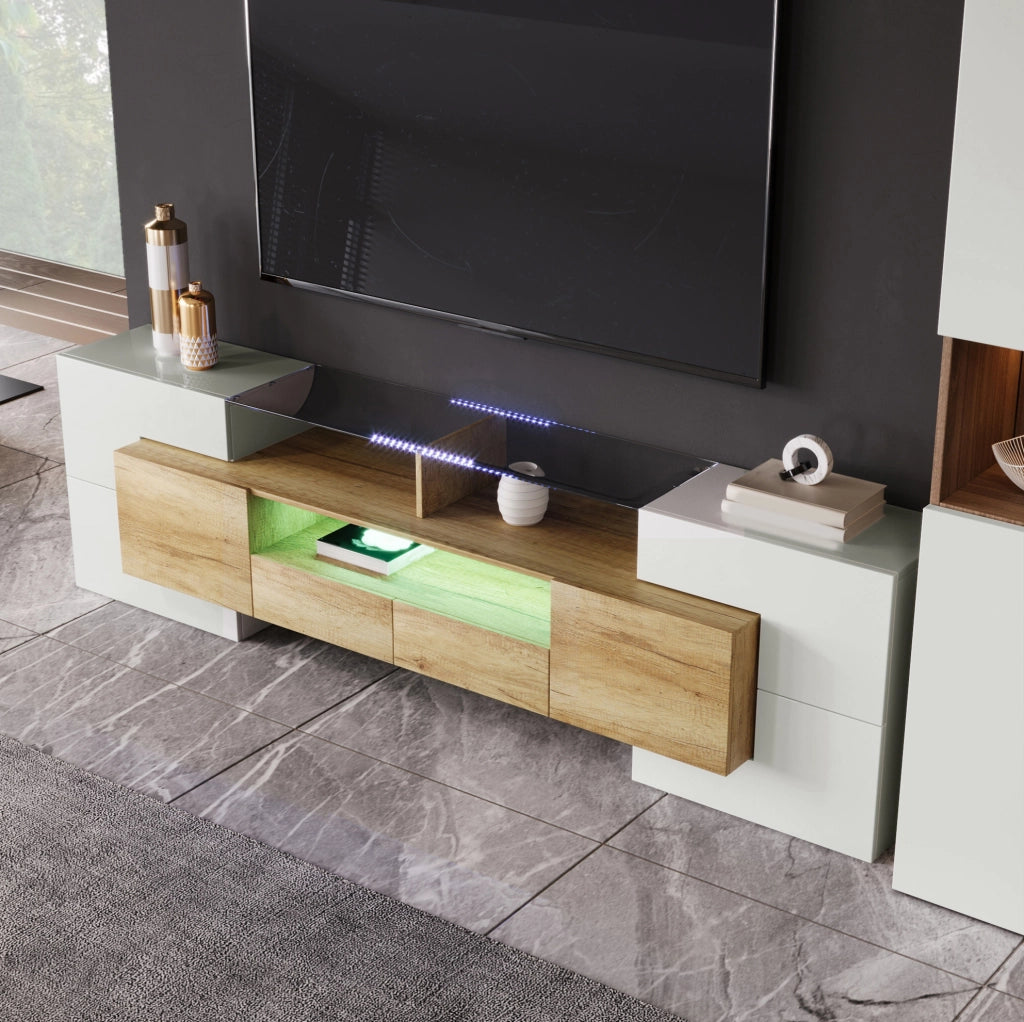Mobile TV 200 cm con LED multicolore in MDF e truciolare bianco lucido e color legno