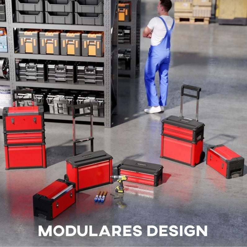 Carrello portautensili modulare in acciaio rosso con 3 unità, maniglia telescopica e ruote da 5"