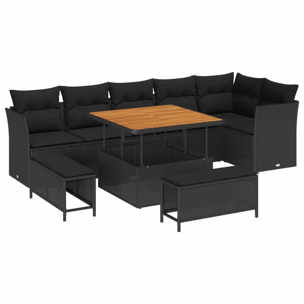 Set Divano da Giardino 9 pcs Nero polyrattan