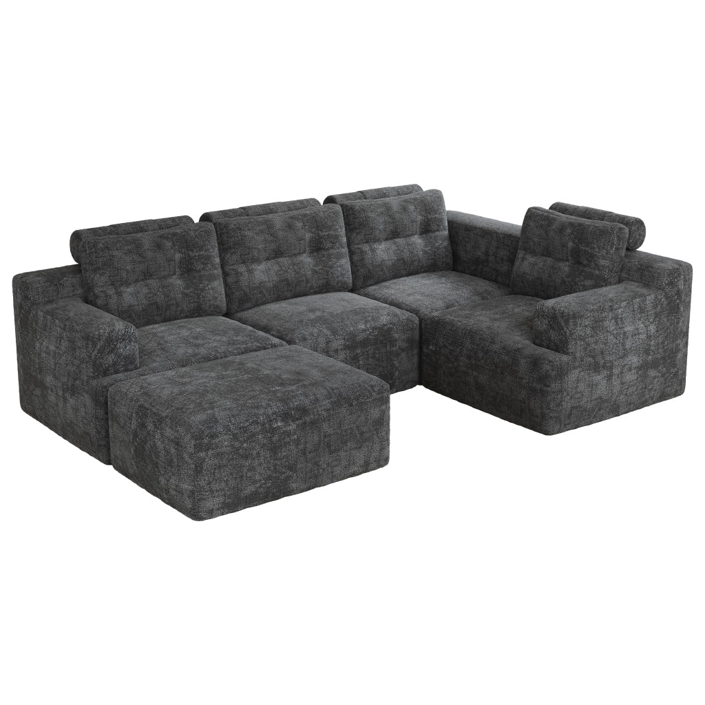 Divano modulare 5 posti 252x180 cm con pouf senza telaio in ciniglia grigio