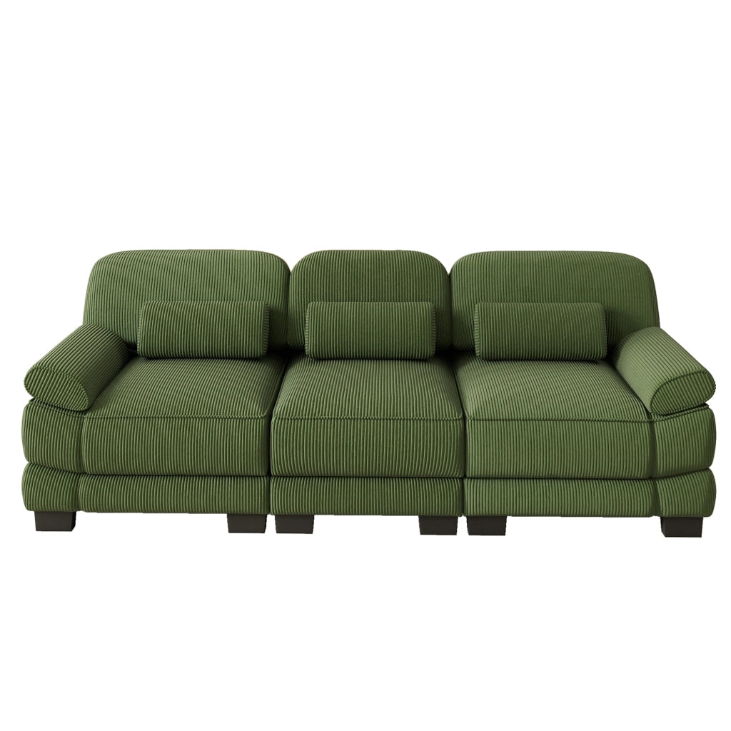 Divano modulare verde in velluto a coste; configurazione flessibile; 265 x 88;5 x 94 cm
