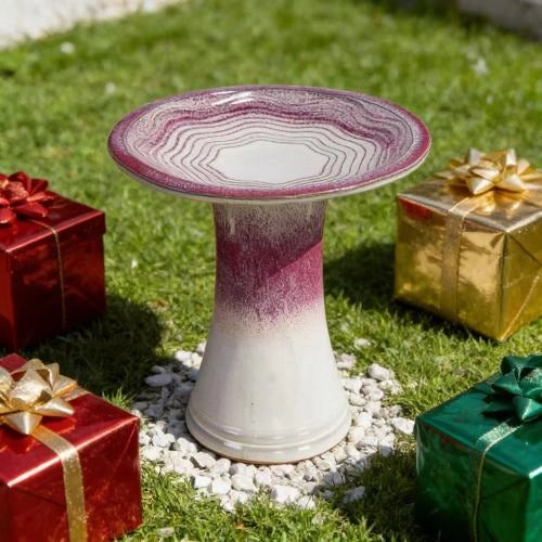 Bagnetto per uccelli in ceramica fatta a mano con ciotola ampia e base alta bianca e rosa Ø 43 cm per giardino