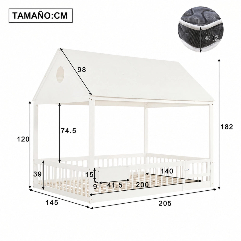 Letto singolo per bambini 140 × 200 cm con tende bianche vano contenitore e rete a doghe in legno bianco
