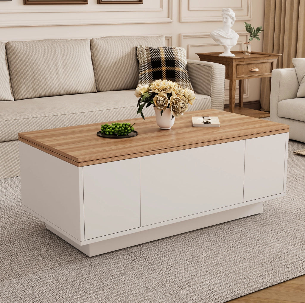 Tavolino da soggiorno moderno con doppio meccanismo a sollevamento, ampio vano nascosto, bianco e finiture in legno, 100x50x55,5 cm