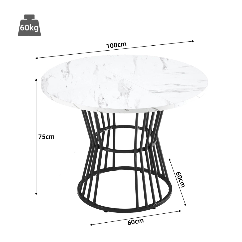 Set tavolo da pranzo rotondo 100 cm, piano MDF bianco e gambe metallo nero, con 4 sedie in velluto nero, 5 pezzi