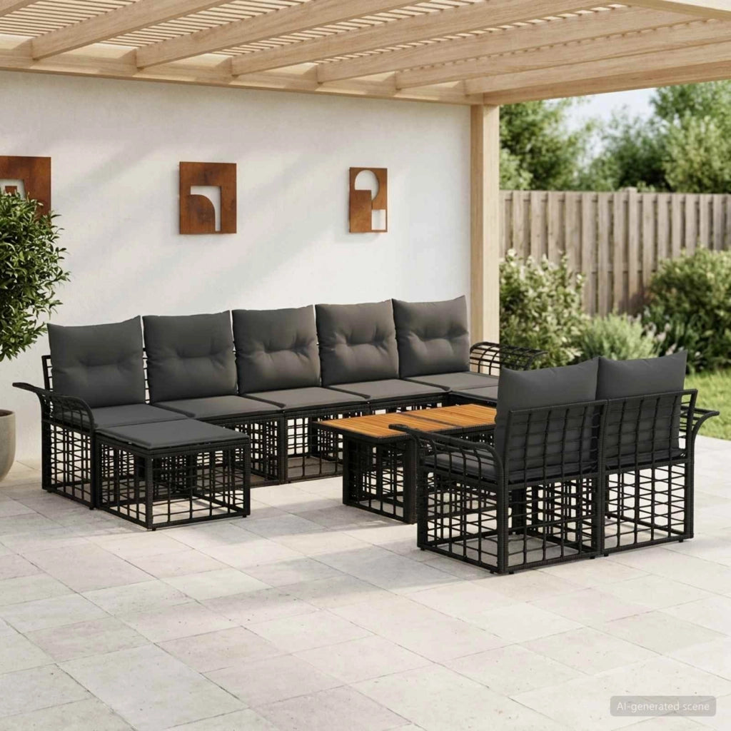Set Divano da Giardino 10 pz Nero e Grigio scuro polyrattan 3438017