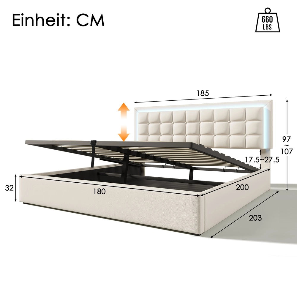 Letto Contenitore Imbottito con LED ¨C MINIMAL ¨C Similpelle Bianco 180x200