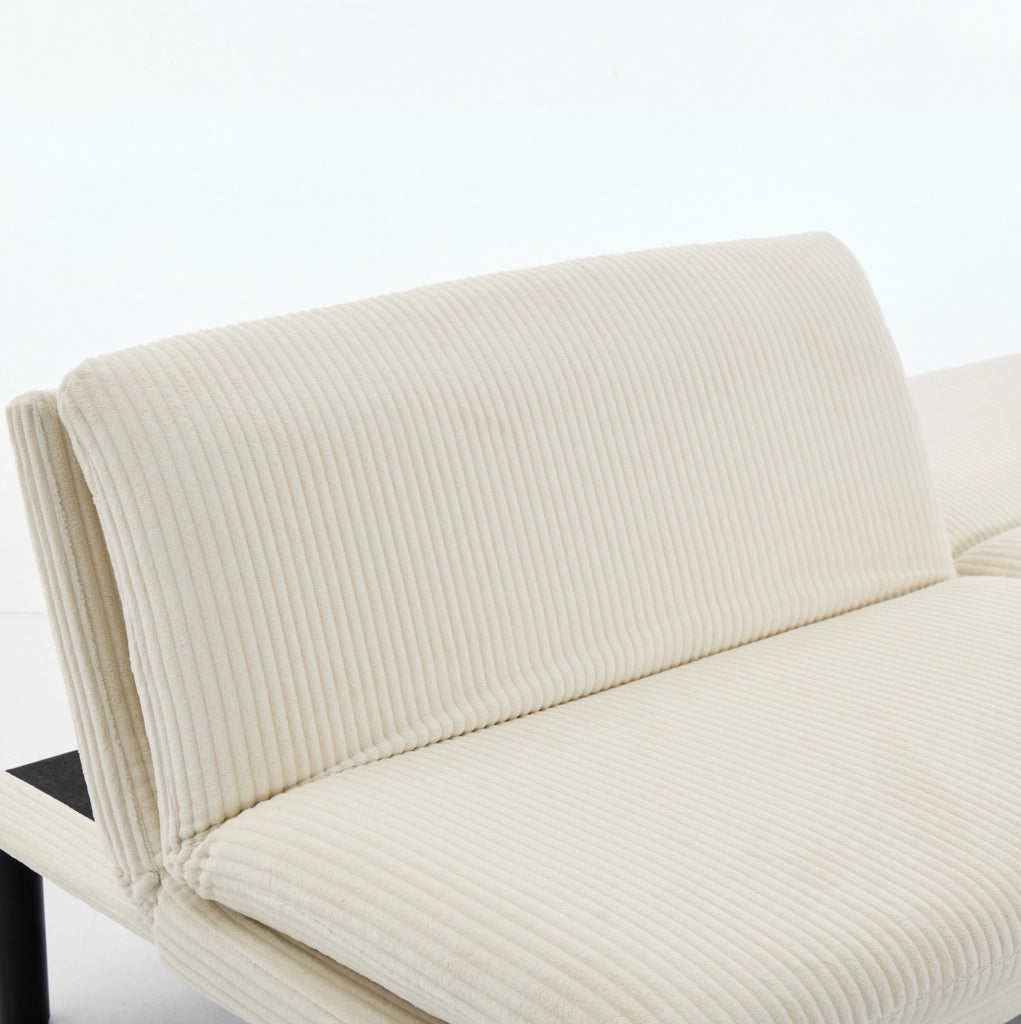 Divano a 2 posti regolabile a 3 posizioni in velluto beige con piedi neri in plastica e struttura in legno