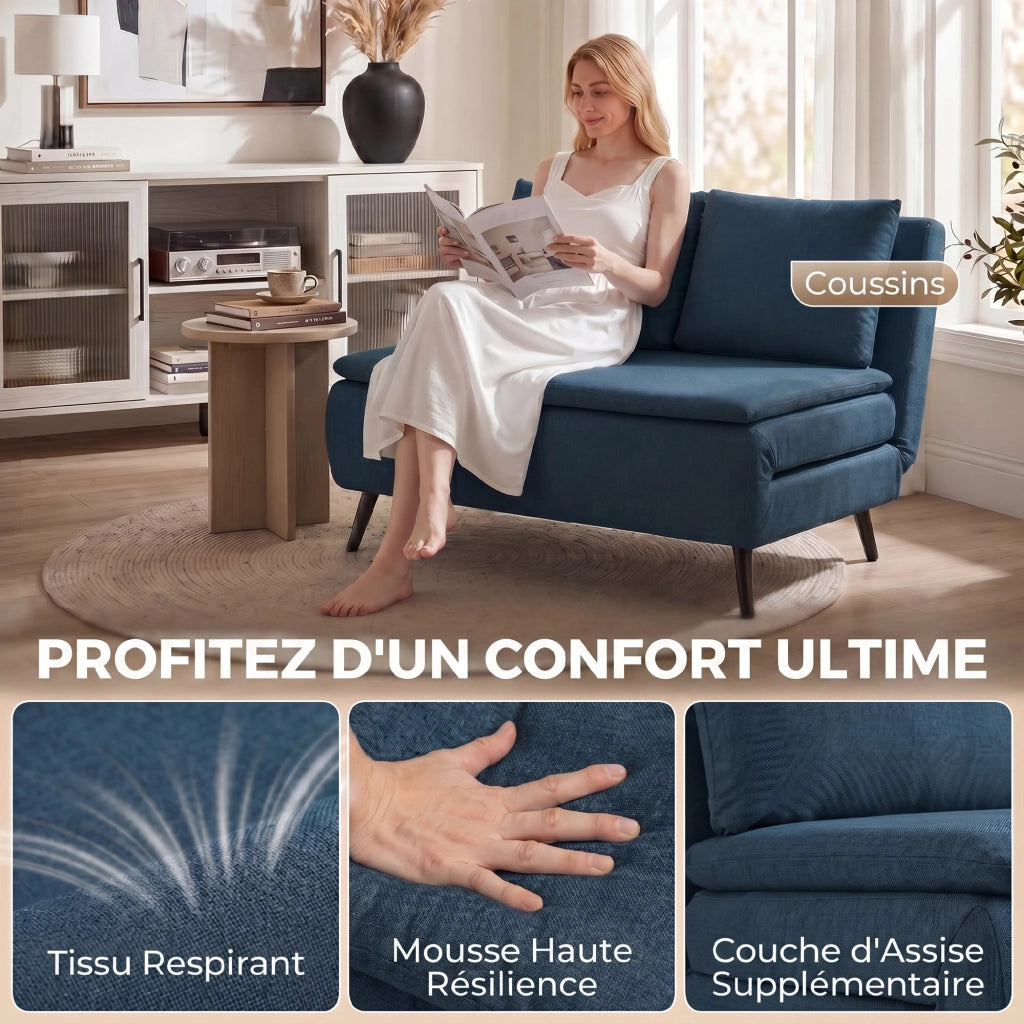 Divano Letto 3 in 1 ¨C Minimal ¨C Blu, Tessuto, Dossier Regolabile, Cuscino