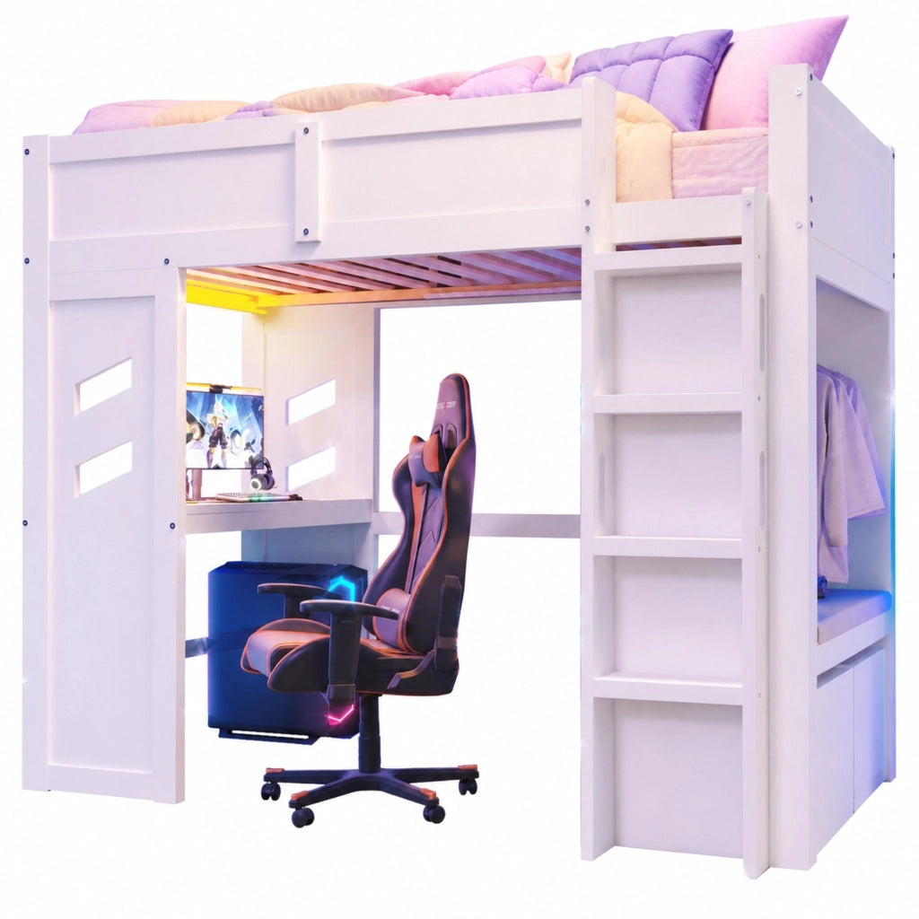 Letto a soppalco gaming 90 × 200 cm con scrivania led usb type-c legno di pino bianco due cassetti