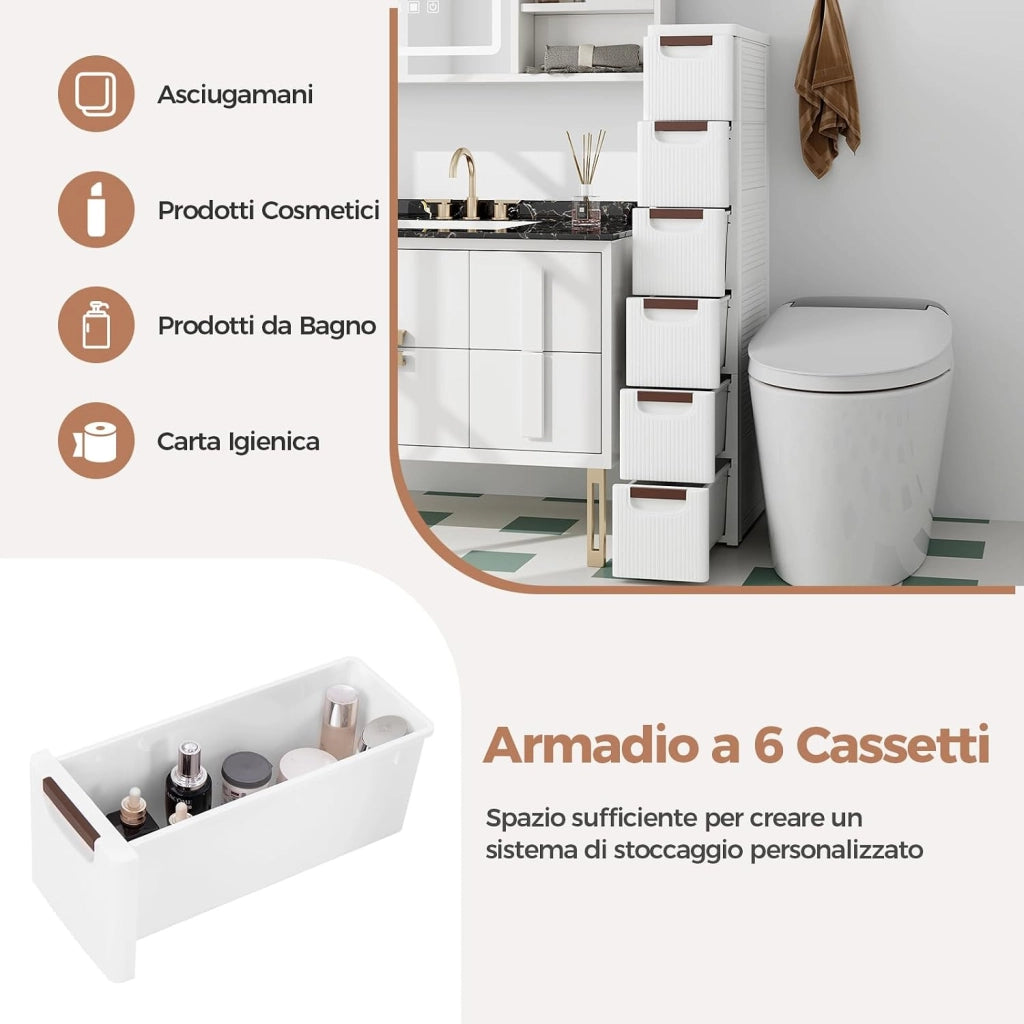 Cassettiere con 6 Cassetti, Comò con Ruote Incorporate per Spazi Stretti, Armadietto Salvaspazio Moderno in Plastica per Scrivania, Camera da Letto e Soggiorno (42 x 19 x 109 cm)