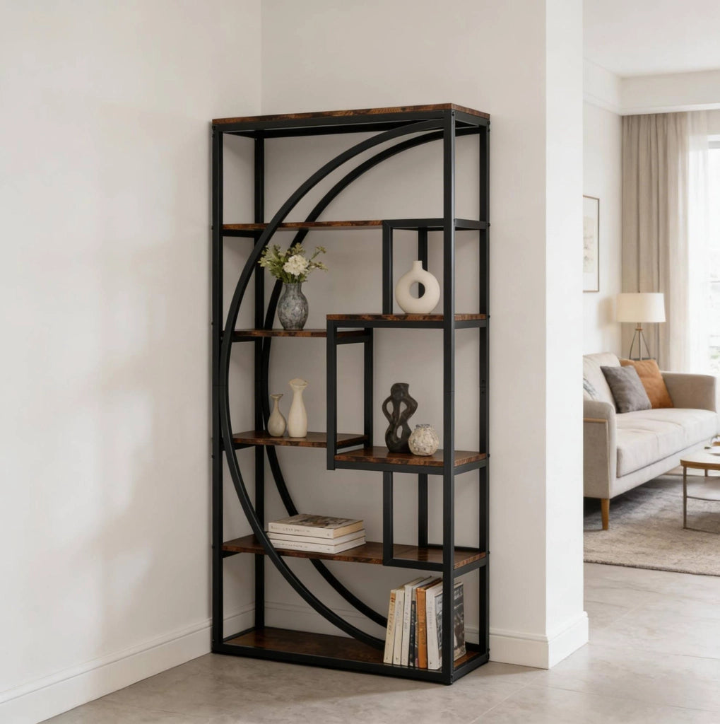 Libreria a 6 Ripiani con Design Geometrico Moderno in Metallo Nero e Legno, 80x35x179 cm