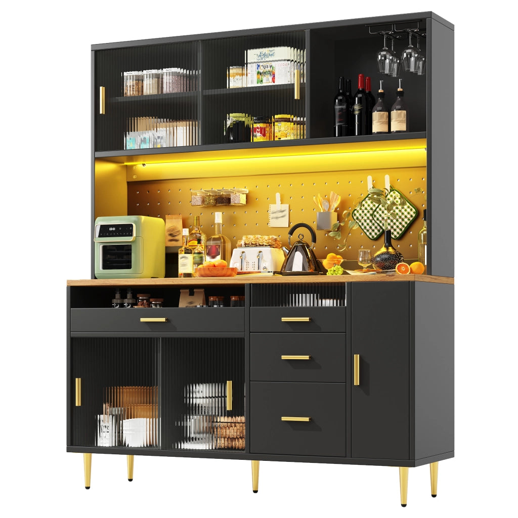 Credenza con ante scorrevoli in vetro LED controllabili via app portabottiglie e bacheca nera 145 × 39 × 171 cm