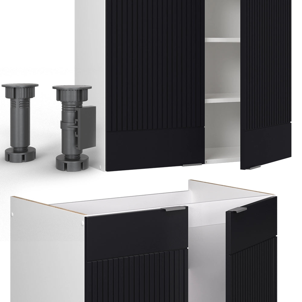 Cucina componibile Fame-Line Nero rigato/Bianco 200 cm, PL Marmo Vicco