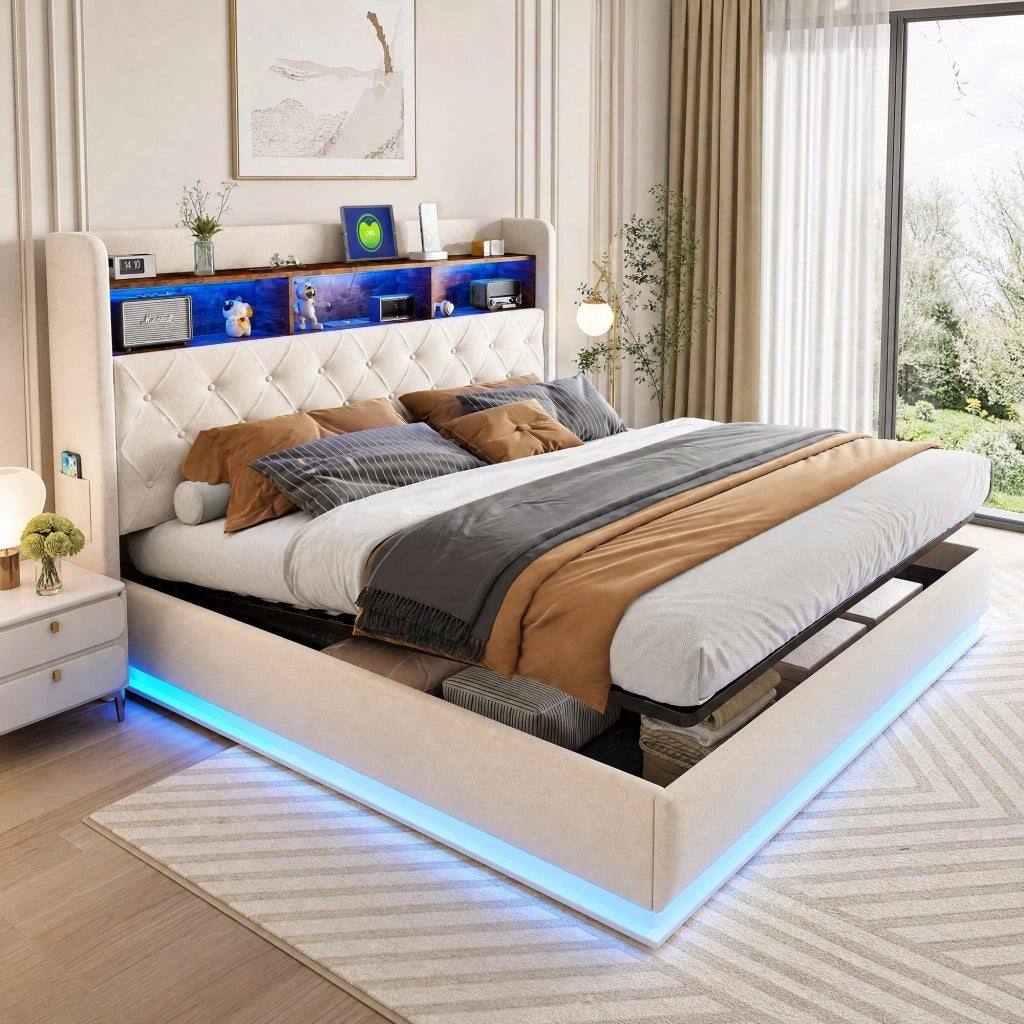 Letto matrimoniale imbottito 180 × 200 cm con LED USB vano contenitore idraulico in lino beige