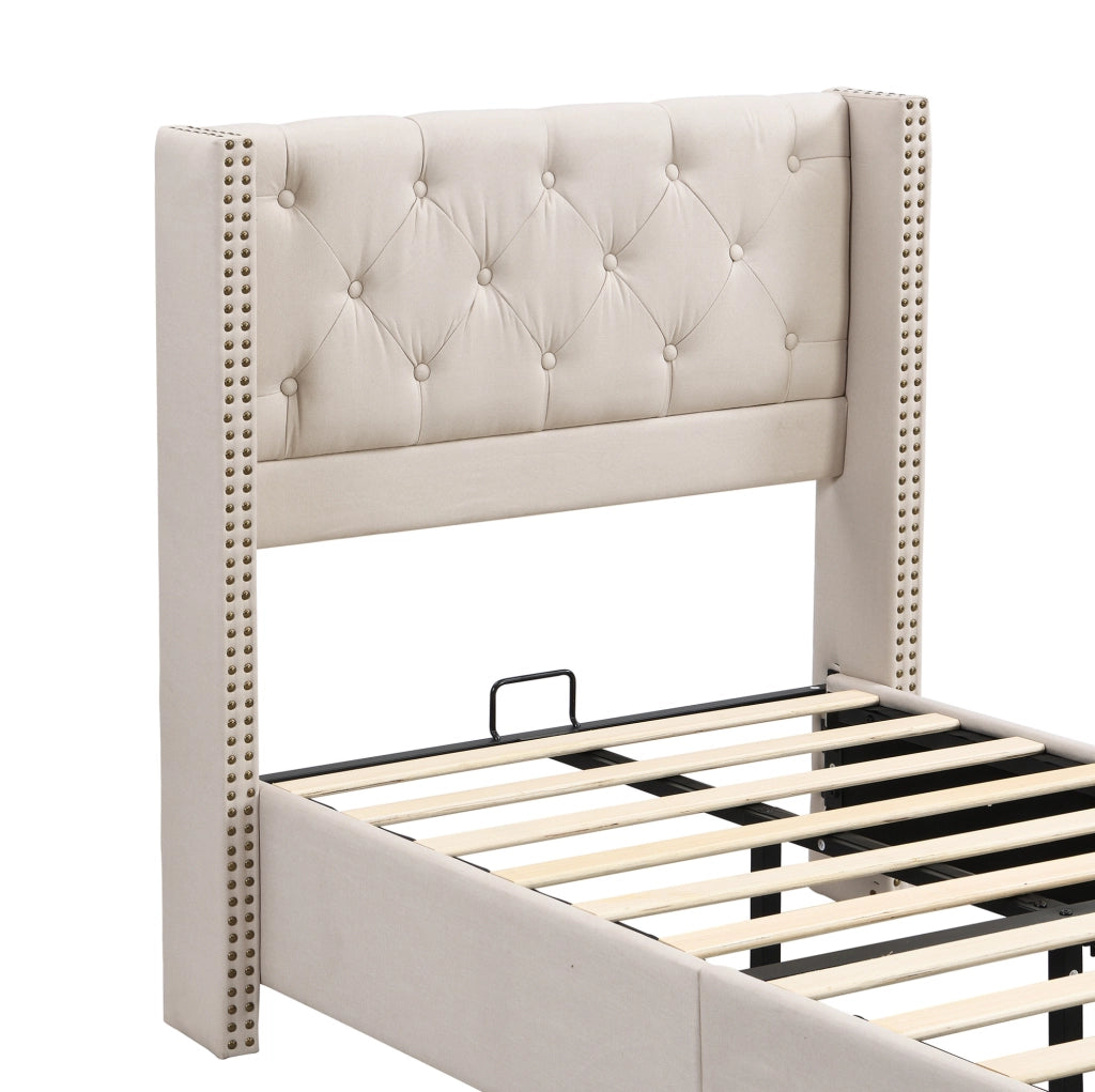 Letto imbottito 90x200 cm in lino beige con testiera trapuntata a bottoni e 12 doghe