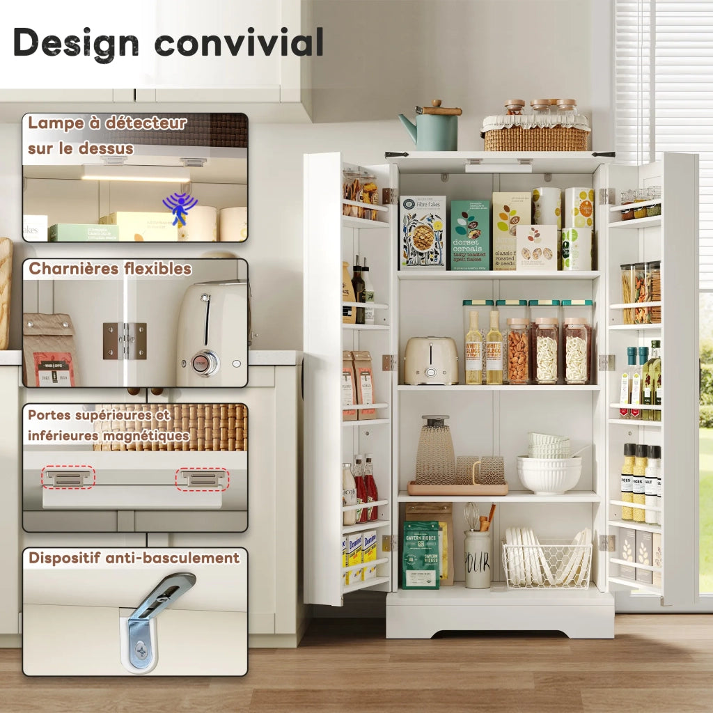 Credenza da cucina 128,5 cm stile country bianca con texture, 2 ante e ripiani regolabili, illuminazione LED, per sala da pranzo o soggiorno