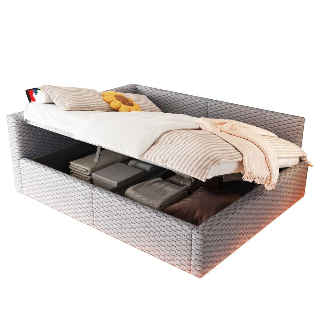 Letto imbottito 140x200 cm grigio in velluto con LED e ricarica USB-C