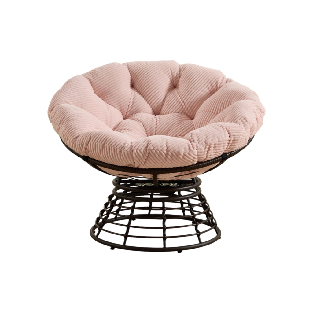 Poltrona Papasan girevole 360¡ã ?92x67 cm in acciaio e rattan PE marrone con cuscino rosa