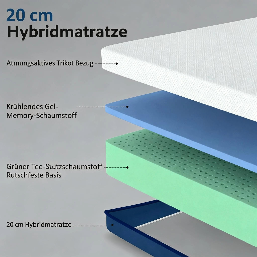 Desviae Materasso matrimoniale 160 × 200 cm in schiuma memory gel con rivestimento sfoderabile e supporto fermo