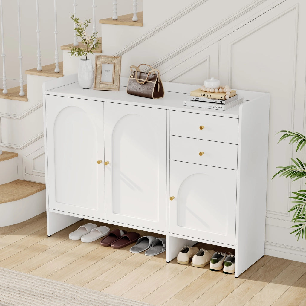 Scarpiera a 3 ante e 2 cassetti con ripiani regolabili in MDF e pannello di particelle bianca 120 × 35 × 90 cm