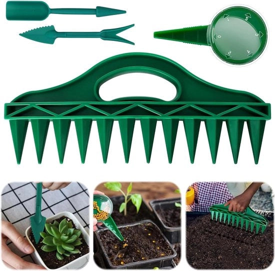 Set di semina 4 in 1 per giardinaggio e semina - aiutante per piante con 12 fori - dispenser semi con attacco regolabile - forchetta per semi con punte per semi - attrezzo per semina.
