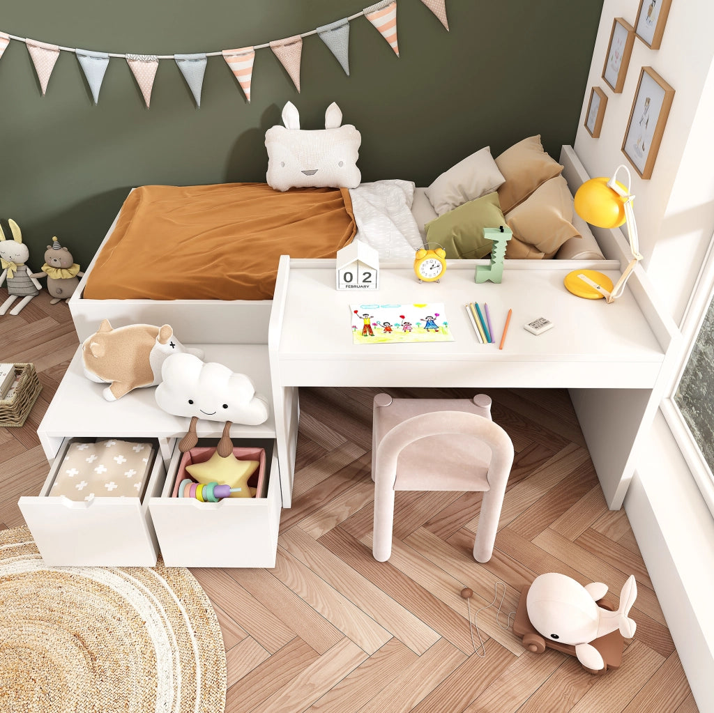 Letto singolo bimbi 90x200 bianco in legno e MDF con scrivania e cassetti， senza materasso