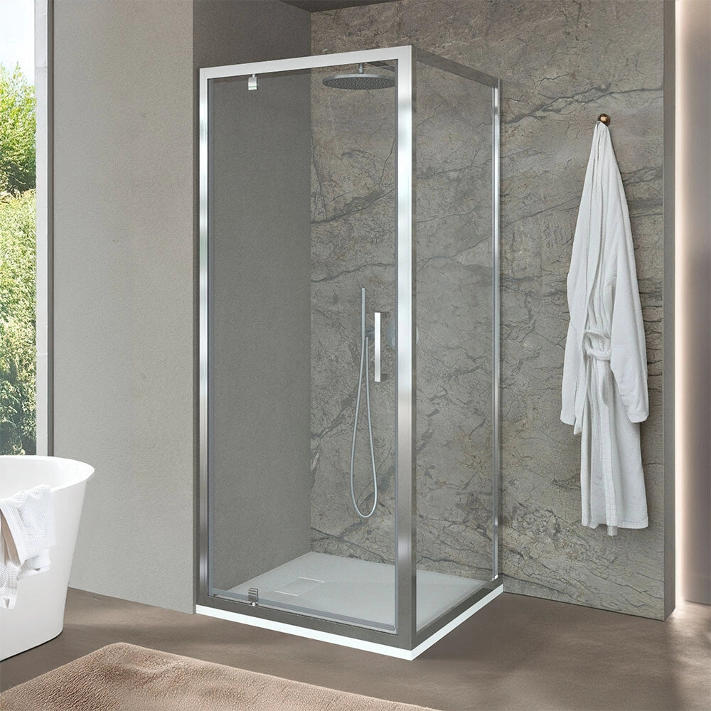 Box doccia angolare 90x80 con porta battente in vetro temperato trasparente e profili cromo Ted