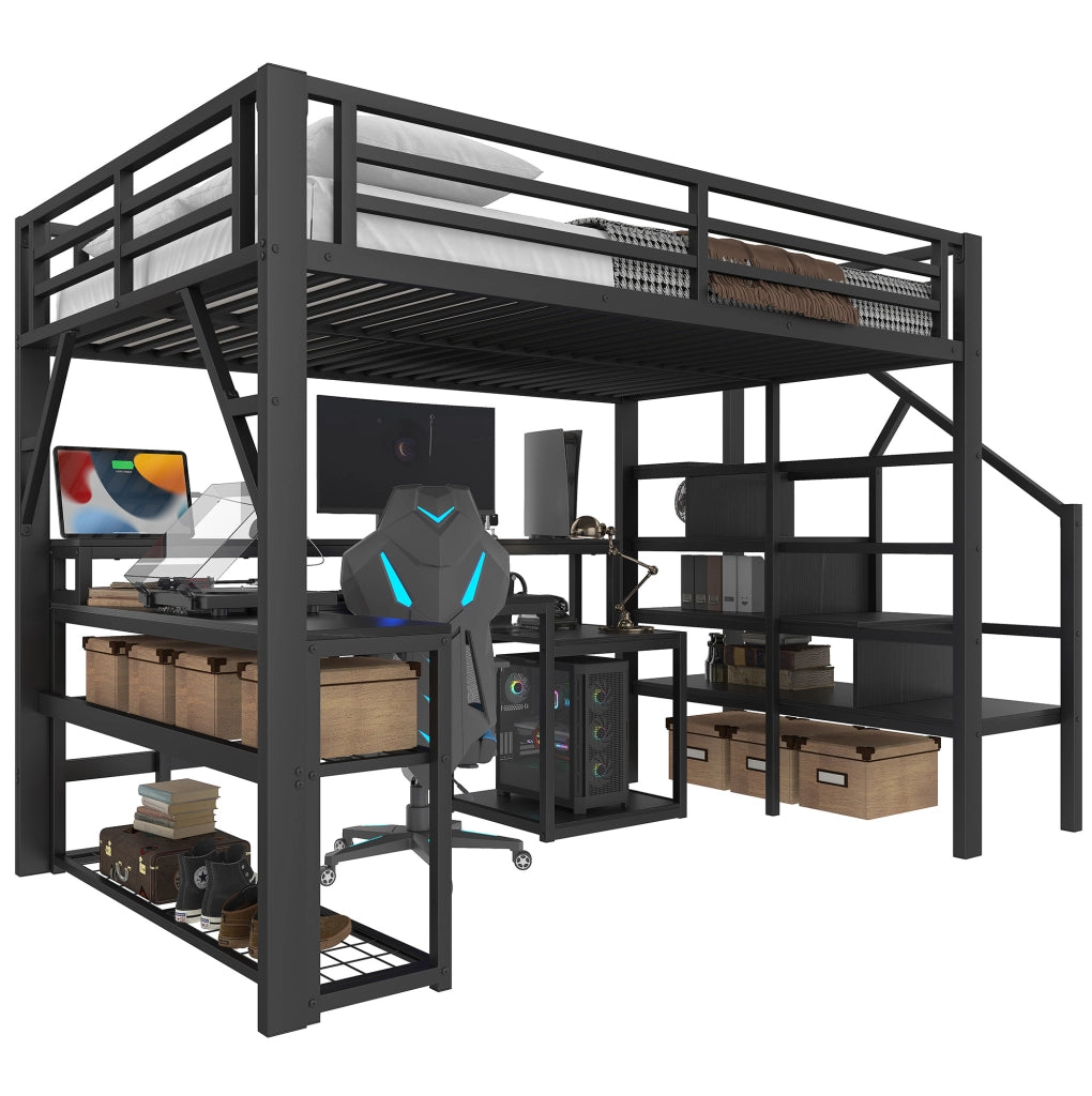 Letto soppalco 140x200 nero con scrivania LED e USB, senza materasso