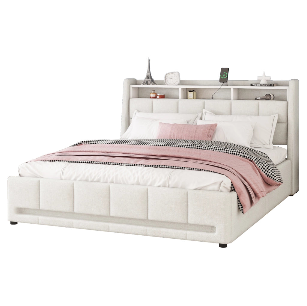 Letto imbottito 140x200 cm con cassetti, luce LED a controllo APP, tessuto lino beige, senza materasso