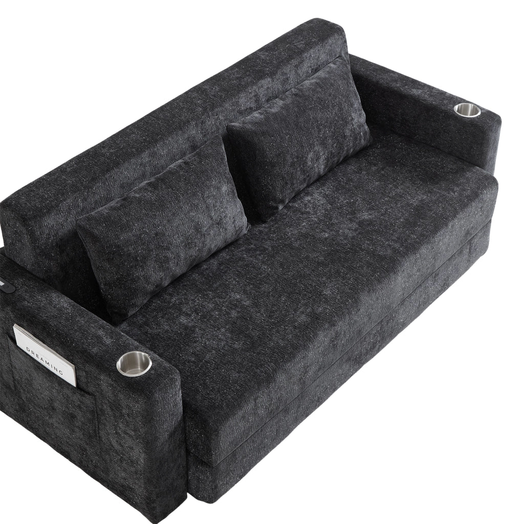 Divano letto 2 posti pieghevole con USB; portabicchieri e tasche laterali; nero/grigio