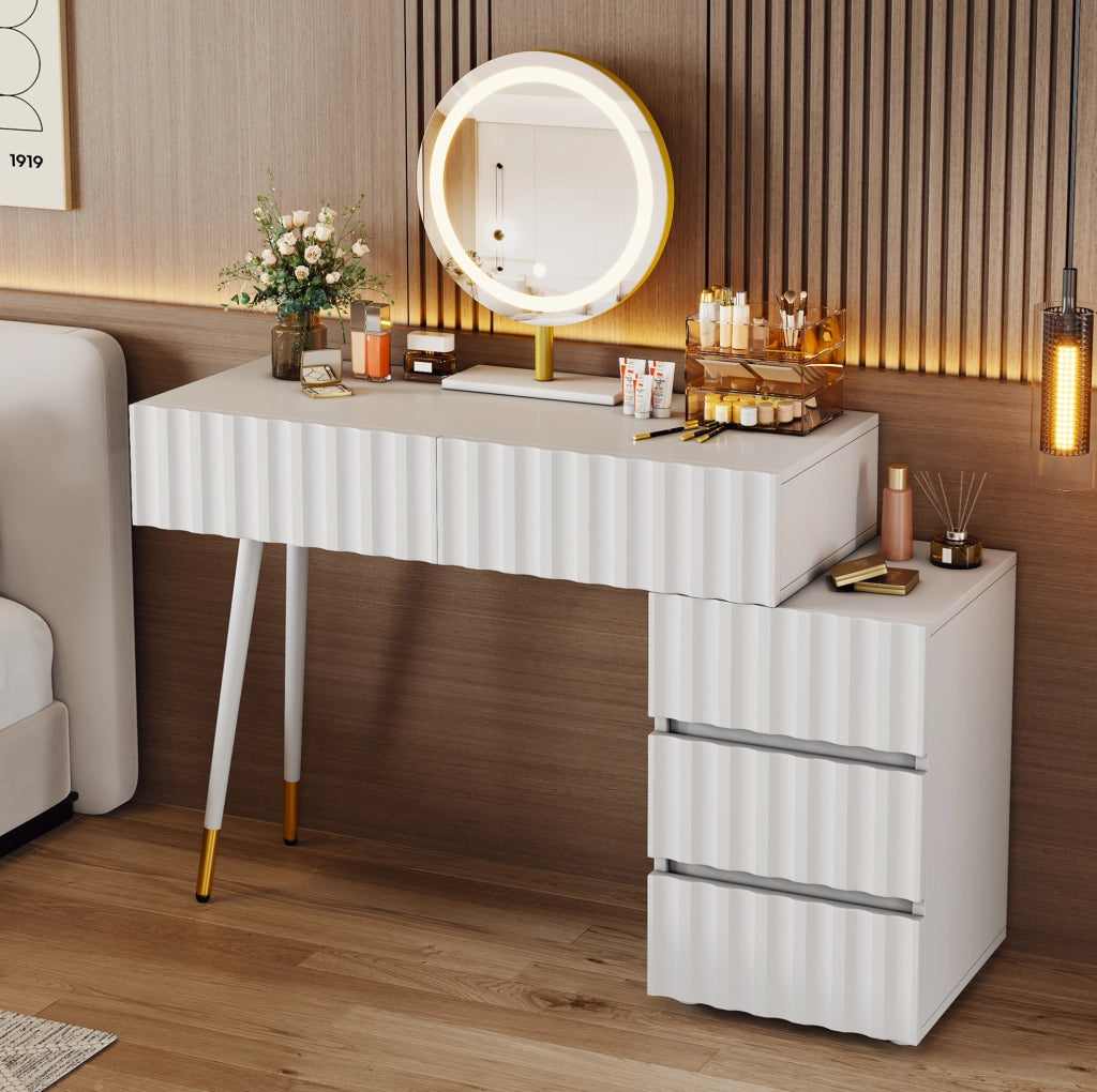 Toeletta con specchio LED 100x40x127 cm, 5 cassetti bianca HAVRYA