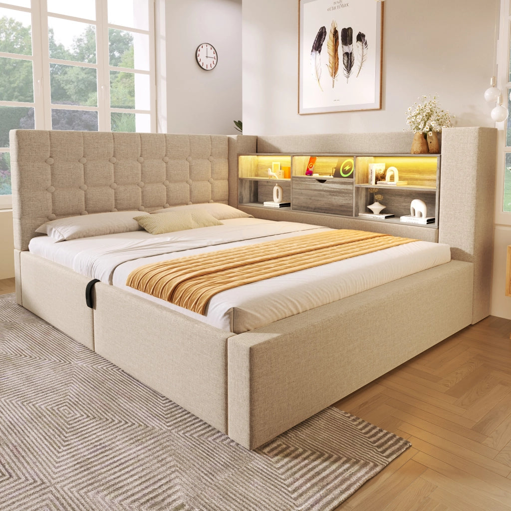Letto matrimoniale 140 × 200 cm con contenitore idraulico; LED e 4 porte USB; senza materasso; beige