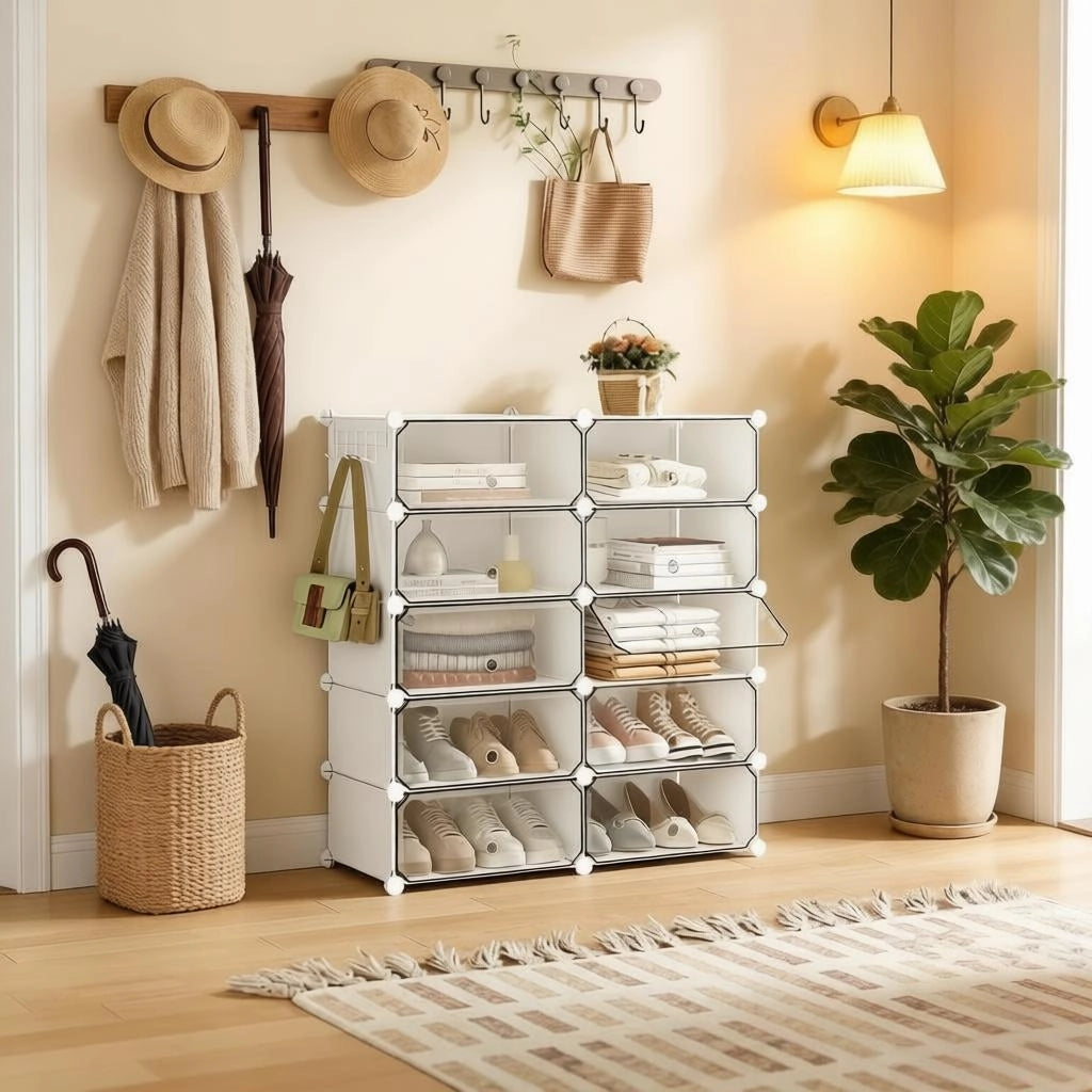 Scarpiera modulare con 10 scomparti e ante antipolvere per ingresso, in PP e metallo, bianca, 40 × 30 × 170 cm