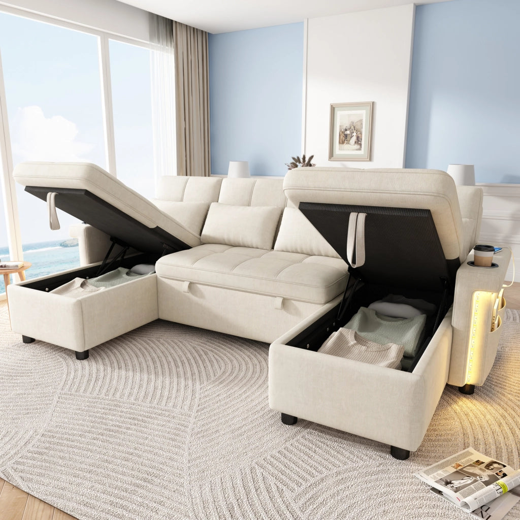 Divano angolare convertibile a U 268;5x141;5x90 cm; divano letto con 2 chaise longue di contenitore; LED; USB e Type-C; ciniglia; beige